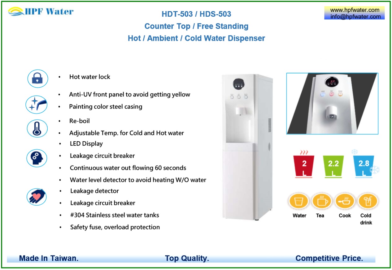 Counter Top Hot Ambient Cold Water Dispenser made in Taiwan, Anti-UV front panel